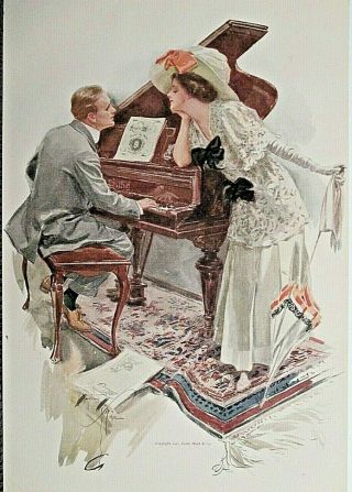 Harrison Fisher,  Pretty Lady,  Piano,  Parasol,  Vintage 1910 Antique Art Print