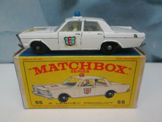 Matchbox/ Lesney 55c Ford Galaxie Police Car White / Blue Roof Light Bpw Boxed