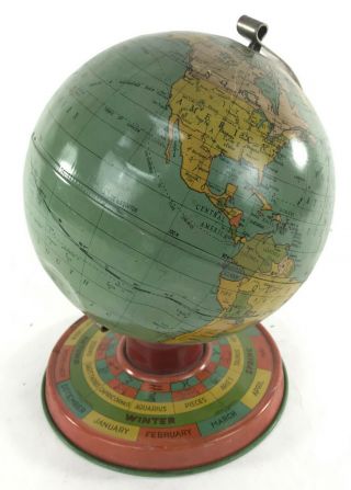 Vintage 6 " Tin Litho World Desk Globe 1928 - 30 Months Seasons Zodiac Ohio Art Co?