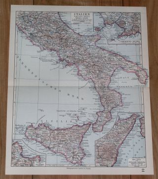 1928 Vintage Map Of Southern Italy Sicily Calabria Rome Naples