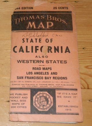 Vintage 1944 Edition Thomas Bros Map State Of California