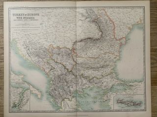 1912 Turkey In Europe Balkans Large Antique Coloured Map By Johnston
