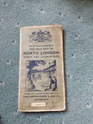 1952 Vintage Bartholomews One Onch Map Of North London With Cloth Backing