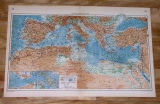 1929 Vintage Map Of Mediterranean Sea Turkey Greece Italy Spain Malta