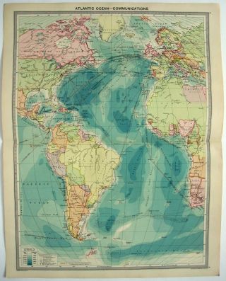 1926 Map Of The Atlantic Ocean Communications By George Philip.  Vintage