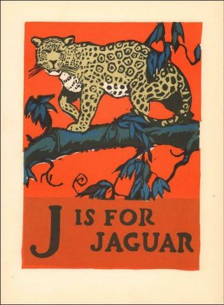 J Is For Jaguar,  Colorful Wood Block Print,  Vintage By C B Fall 1925