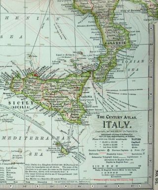 1902 Map of Italy by The Century Company.  Antique 3