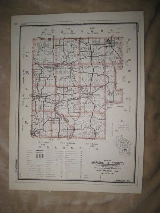 Antique 1959 Marquette County Wisconsin Map Hunting Fishing Highway Road Detaile