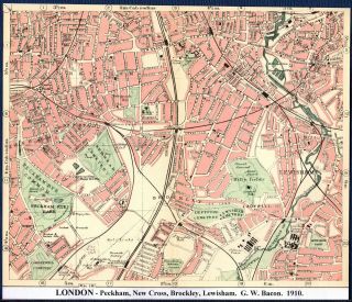 Antique Map London Peckham Cross Brockley Lewisham G.  W.  Bacon 1910