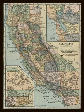 COLOR VINTAGE MAP OF CALIFORNIA - Circa 1900 - C.  S.  HAMMONDS & CO. ,  NY 2