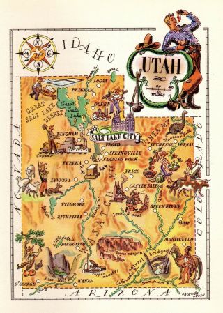 1950 Antique Animated Utah Picture Map Vintage State Map Of Utah Cartoon 5436