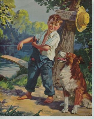 Vintage 1935 Print Hintermeister Collie Dog W Country Boy At Swimming Hole