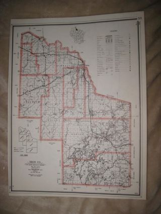 Antique 1959 Iron County Wisconsin Map Hunting Fishing Highway Road Detailed Nr