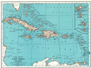 1944 Antique West Indies Map Vintage Caribbean Map Gallery Wall Art 6448