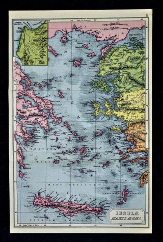 1908 Classical Map Ancient Greece Aegean Sea Cyclades Athens Crete Turkey