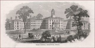 Central Indiana Hospital For Insane,  Indianapolis,  Antique Engraving 1854