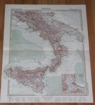 1927 Vintage Map Of Southern Italy / Calabria Sicily Palermo Inset Map