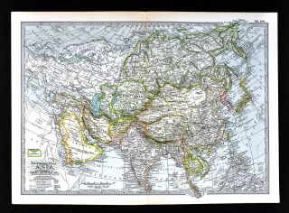 1902 Century Map Asia China Japan Korea Tibet India Arabia Nepal Hong Kong Siam