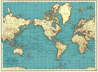 1940 Antique World Map Of The World Blue Gallery Wall Art Anniversary Gift 6422