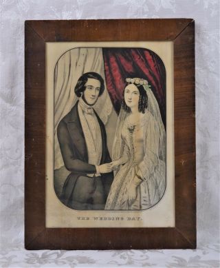 Rare Antique 19th Century N.  Currier Lithograph Print The Wedding Day Romantic