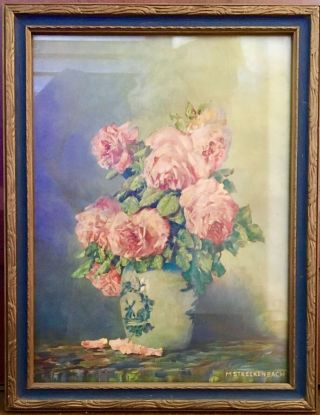 Artist Max Shreckenbach Antique Vintage Framed Roses Lithograph Print