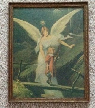 Antique Vintage Framed 15 X 12 The Guardian Angel Lithograph Print Rare