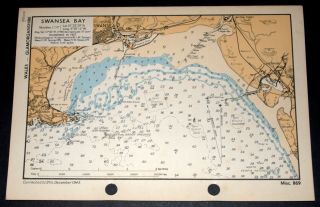 Swansea Bay,  Glamorganshire,  Wales - Vintage Ww2 Naval/military Map 1943