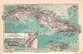 Antique Map.  Cuba.  Jamaica.  Puerto Rico.  C 1905