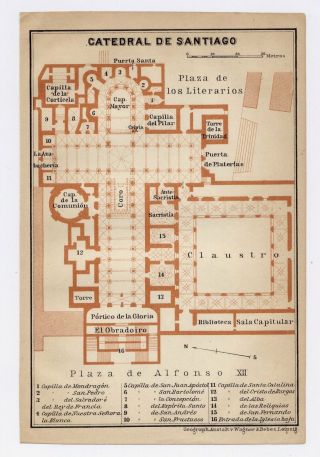 1913 Antique Plan Of Santiago De Compostela Cathedral / Galicia / Spain