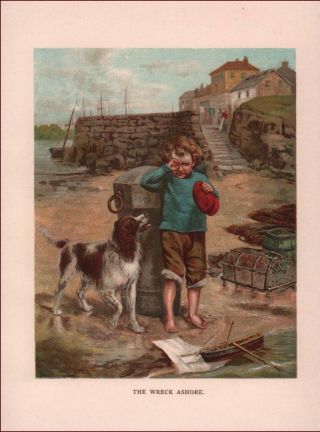 Boy Cries Over Broken Toy Sailboat,  English Springer Spaniel Dog,  Antique 1896