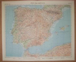 Spain And Portugal 1:2,  500,  000 Vintage 1956 Colour Map Malaga Madrid Lisbon