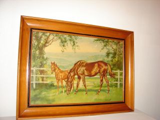 Vintage Framed Lithograph Print Horses " Out To Grass " By Ignace Konrad