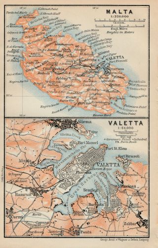 A Small Map Of Malta & A Plan Of Valetta C1908