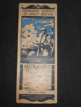 Vintage Ordnance Survey Map Of The Midlands (1935) Birmingham,  Oxford,  Warwick