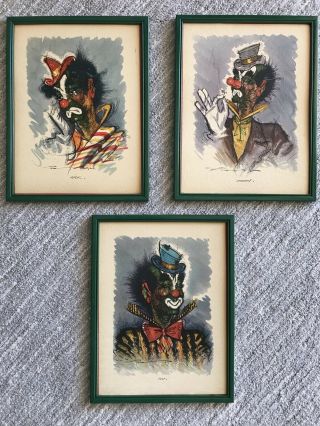 Vintage Clown Art William Pender Shumaker 1960 3 Prints On Board Mick Snooty Pat
