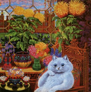 Louis Wain Print Cat In A Room Full Of Flowers Funny Cat Illustration Art