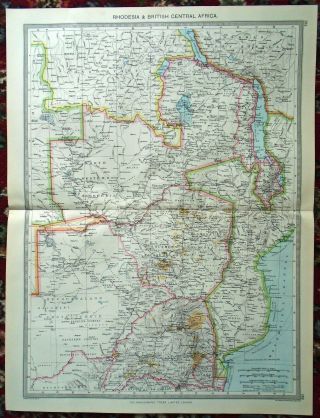 Large Antique Map Rhodesia & British Central Africa Harmsworth C1900