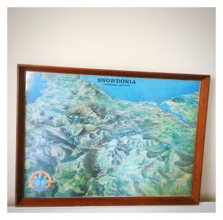Large Retro 1970’s Glazed Teak Framed Map Of Snowdonia; Northern Section