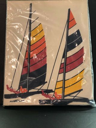Marushka Silk Screen Sail Boats Stretched Artwork Canvas Mcm 1970s,  11 " X 14 "