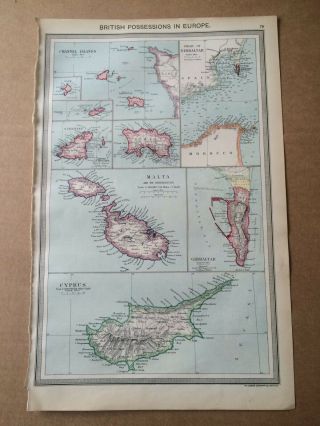 1903 British Possessions in Europe Antique Map Malta Cyprus Gibraltar 2