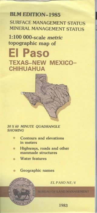 Usgs Blm Edition Topo Map El Paso - 1985 - Texas - Mexico - Mineral - 100k