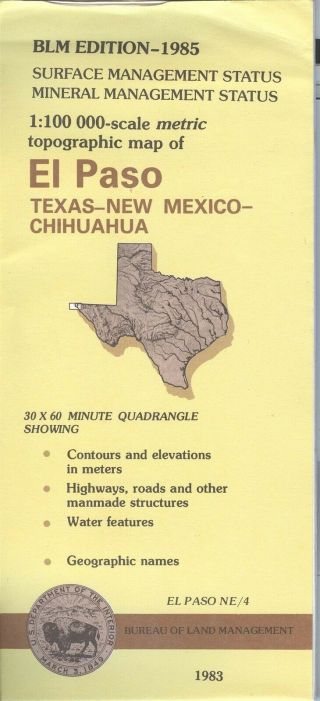 USGS BLM edition topo map EL PASO - 1985 - Texas - Mexico - mineral - 100K 2