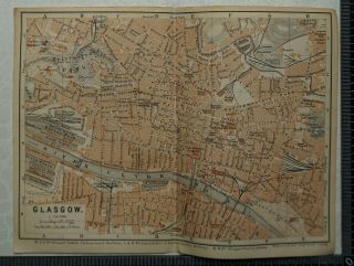 1910 Vintage Baedeker Map Plan Of Glasgow,  Scotland