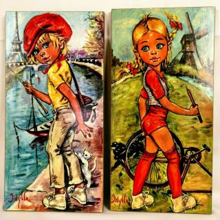 2 Vintage Big Eyes Print Boy & Girl Litho Wall Plaques Idylle Italy Colorful