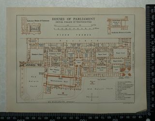 1920 Vintage Blue Guide Plan Of The Houses Of Parliament London