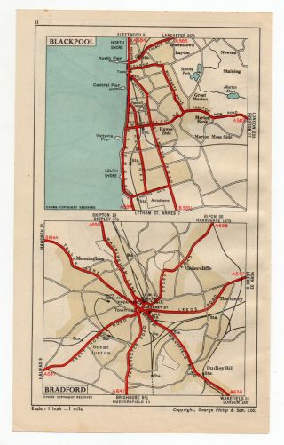 1948 Map Of Blackpool & Bradford United Kingdom England British Isles