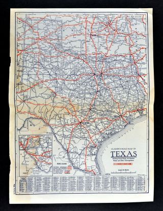 1930 Clason Auto Road Map Texas Oklahoma Austin Dallas Houston San Antonio
