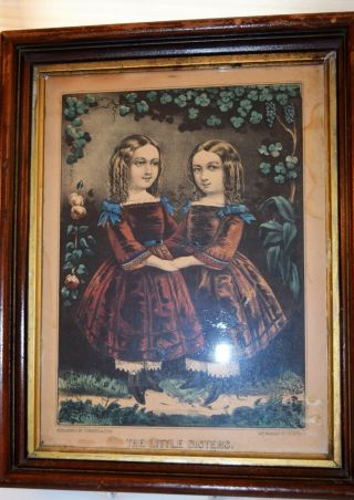 Antique Currier & Ives Print " The Little Sisters " W/walnut Frame W/gilt Liner