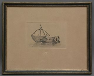 1887 Émile Frederic Nicolle Etching On Paper Fisherman & Net With Boat " Marie "