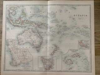 1912 Australia Zealand Oceania Large Antique Coloured Map By Johnston